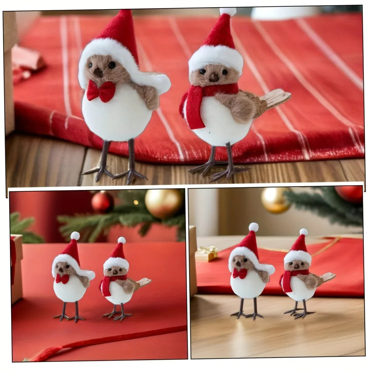 Soft Fabric Plush Bird Ornaments with Santa Hats - 3 Piece Set