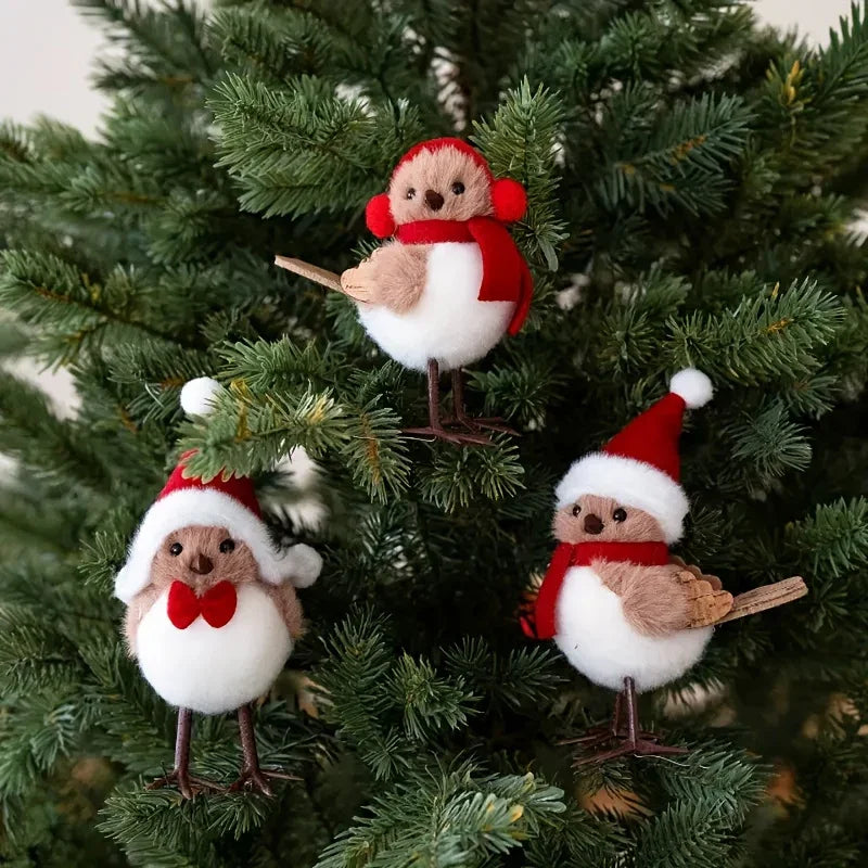 Soft Fabric Plush Bird Ornaments with Santa Hats - 3 Piece Set