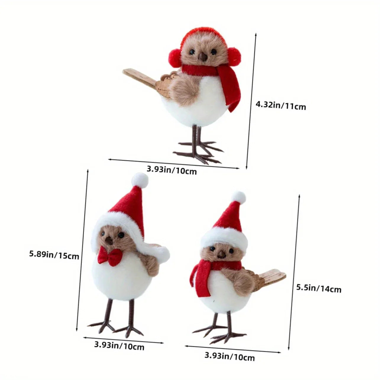 Soft Fabric Plush Bird Ornaments with Santa Hats - 3 Piece Set