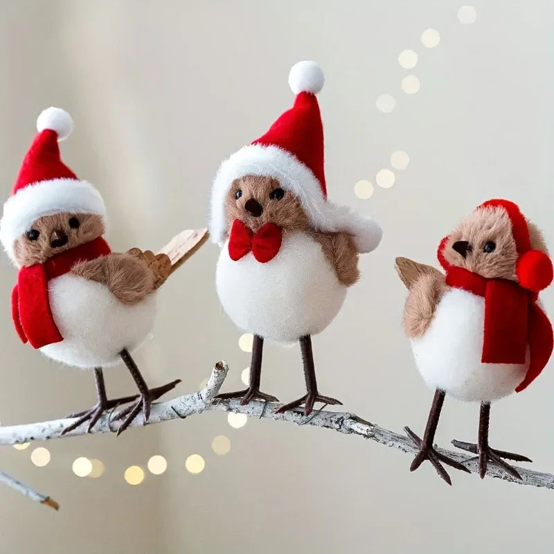 Soft Fabric Plush Bird Ornaments with Santa Hats - 3 Piece Set