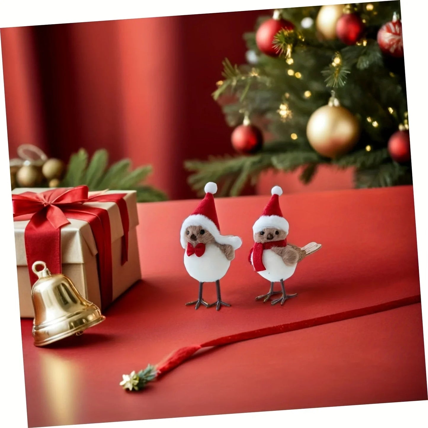 Soft Fabric Plush Bird Ornaments with Santa Hats - 3 Piece Set