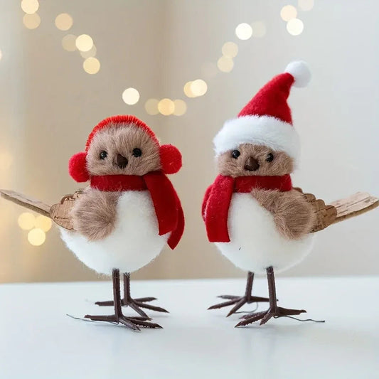 Soft Fabric Plush Bird Ornaments with Santa Hats - 3 Piece Set