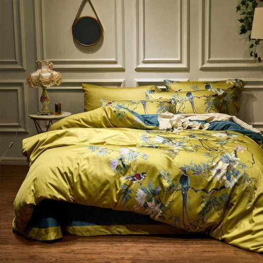 Solarosa Yellow Flower Bird Silky Egyptian Cotton Bedding Set