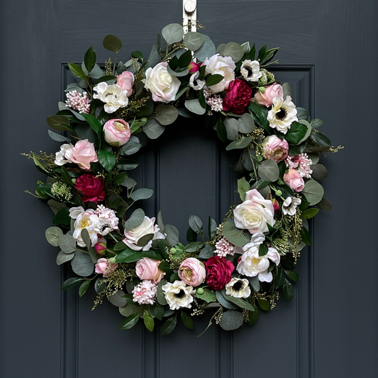 Pink Peony Wreath with Cream Roses & Eucalyptus
