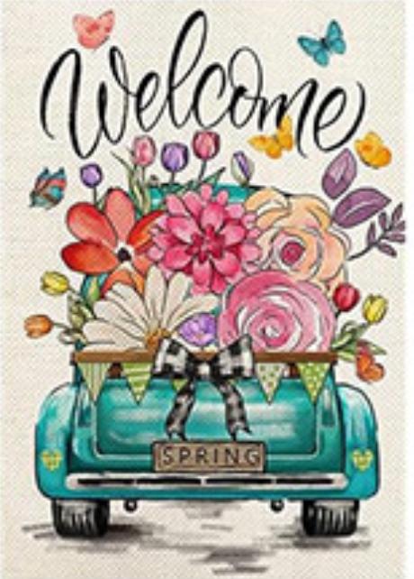 Welcome Garden Flags Truck Series of 12 featuring a spring-themed truck adorned with colorful flowers.