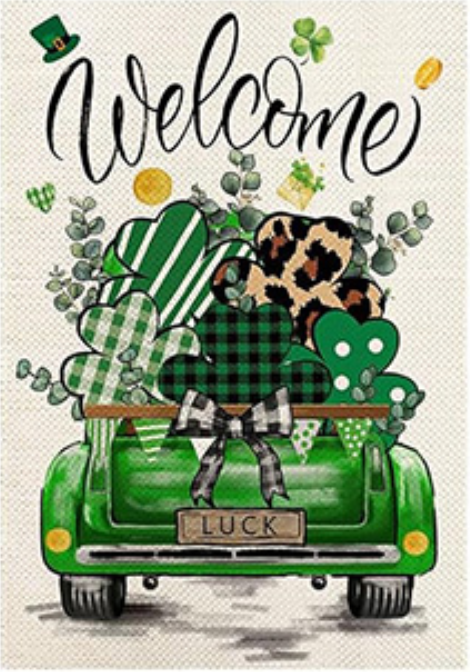Welcome Garden Flags Truck Series of 12 featuring a green truck filled with playful shamrocks and decorations.