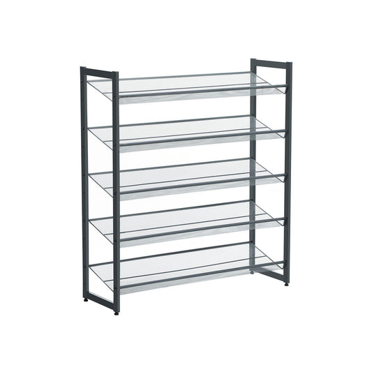 Shoe Rack, 5-Tier Stackable Shoe Storage Shelf, Metal Mesh, Flat or Angled Shoe Organizer for 20 to 25 Pairs of Shoes, Short Boots, High Heels, Cool Gray