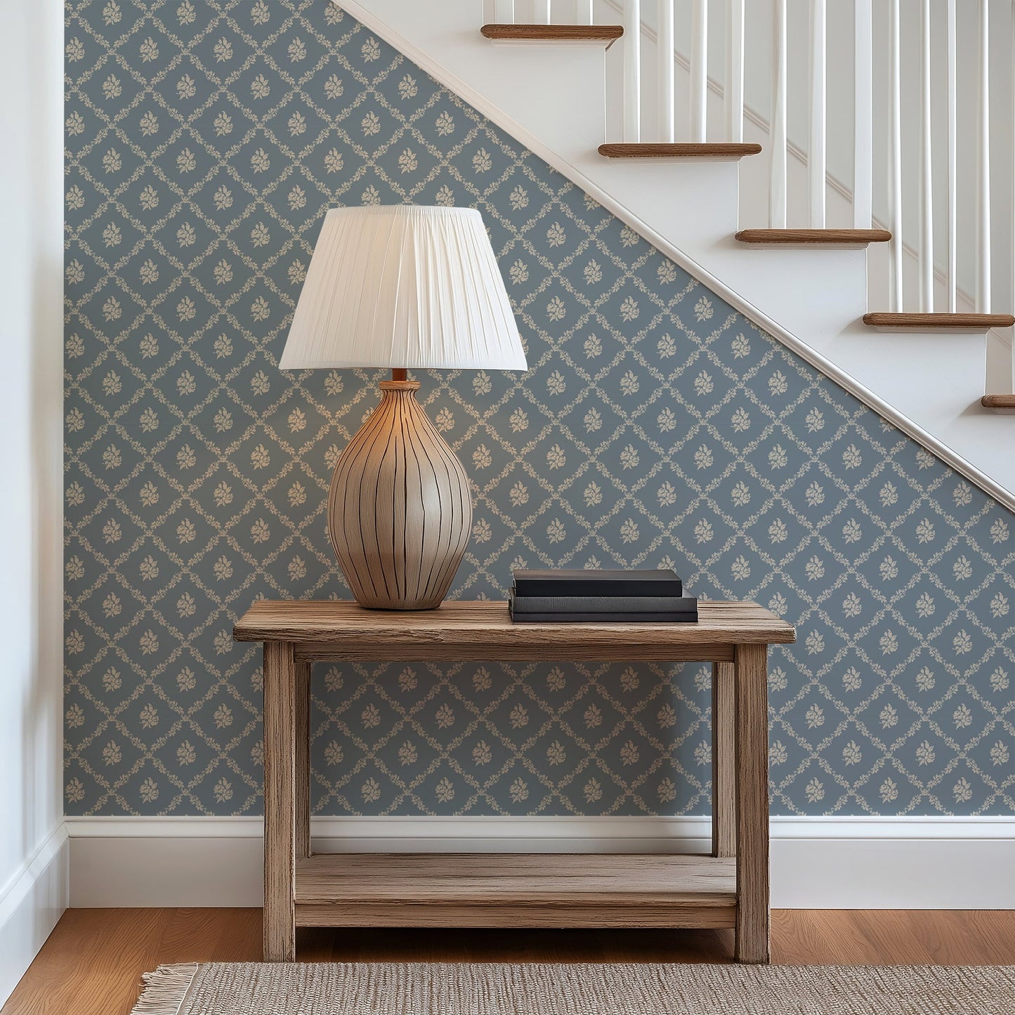 Della Blue Wallpaper | Vintage Floral Diamond Lattice