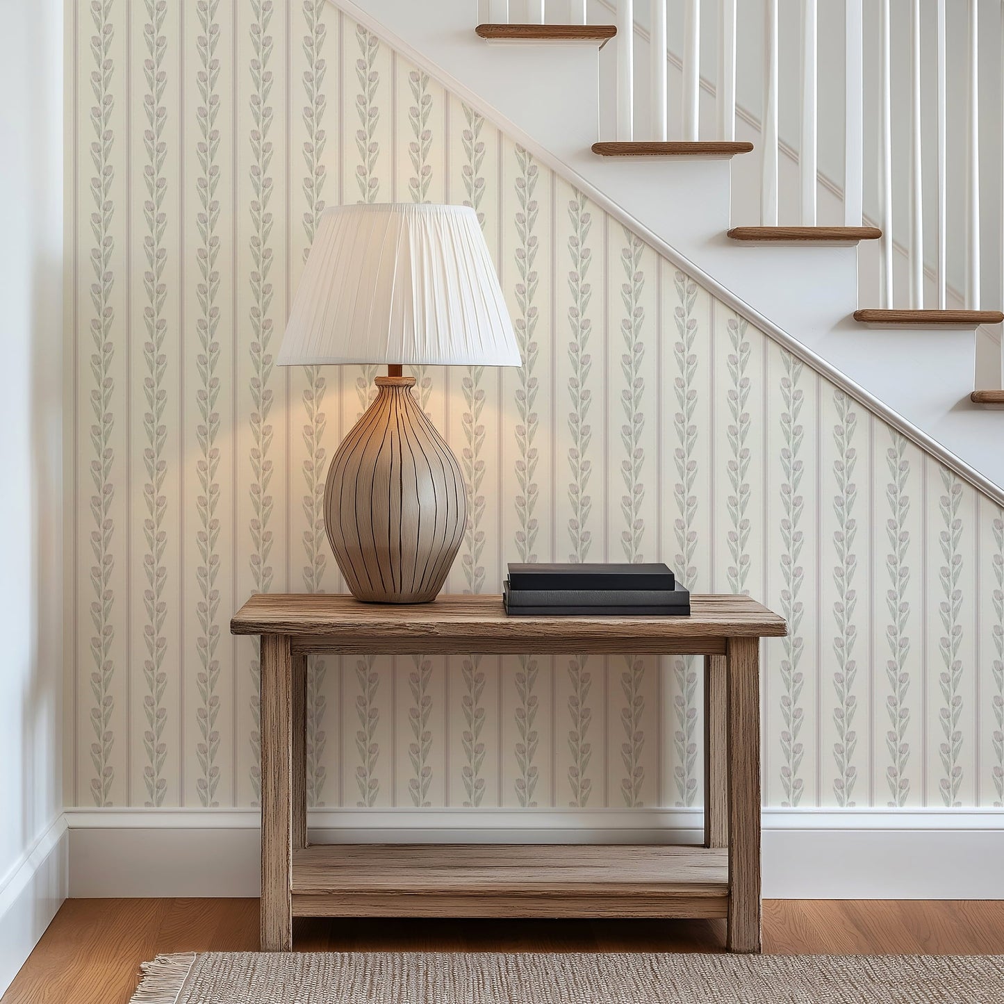 Cream and Pink Vintage Tulip and Stripe Wallpaper