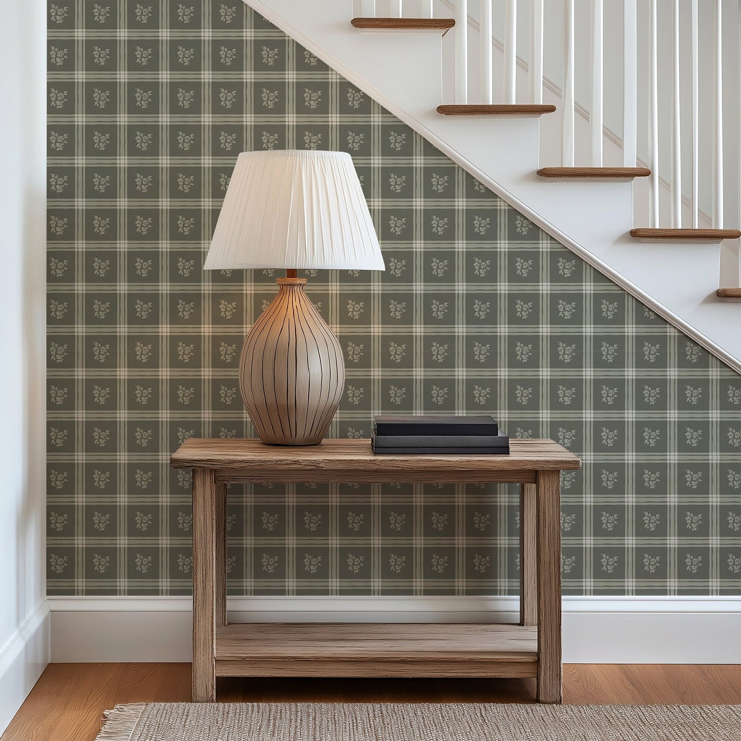 Millie Dark Green Wallpaper | Vintage Floral Windowpane Plaid