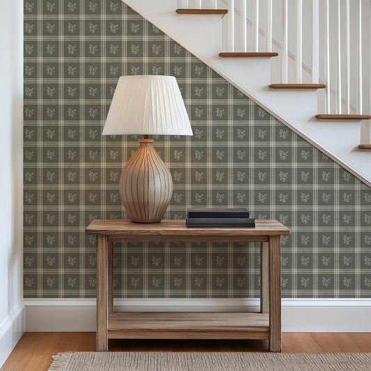 Millie Dark Green Wallpaper | Vintage Floral Windowpane Plaid
