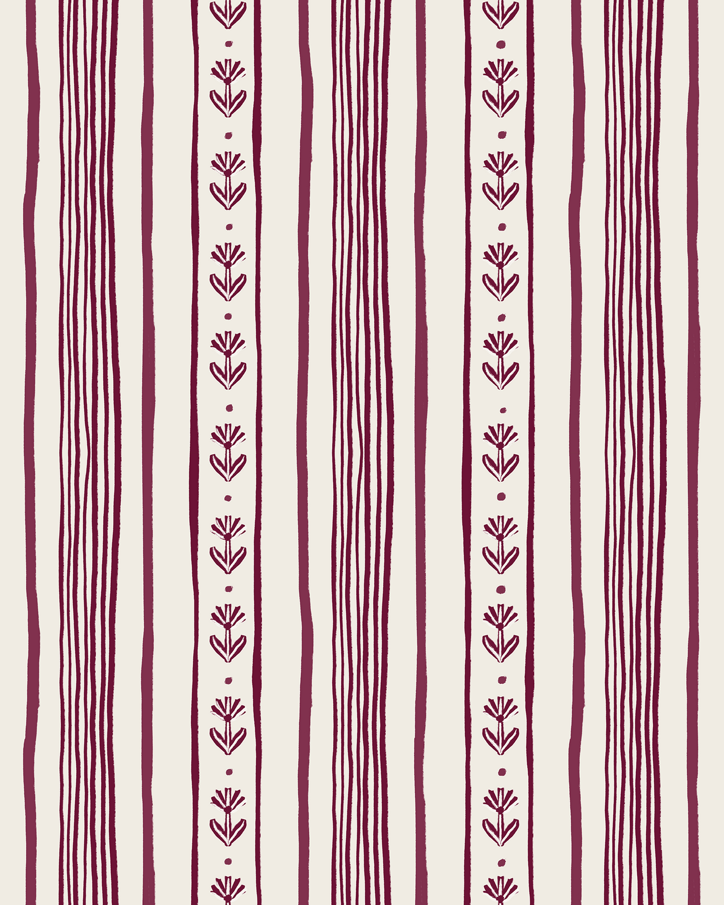 Daisy Chain Stripe Wallpaper, beige and eggplant purple