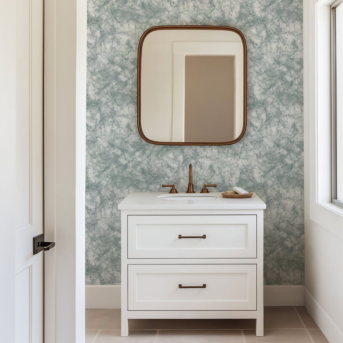 Subtle Marble Wallpaper in Modern Mineral Tones featured in an elegant bathroom setting.