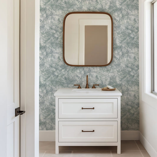 Subtle Marble Wallpaper in Modern Mineral Tones featured in an elegant bathroom setting.