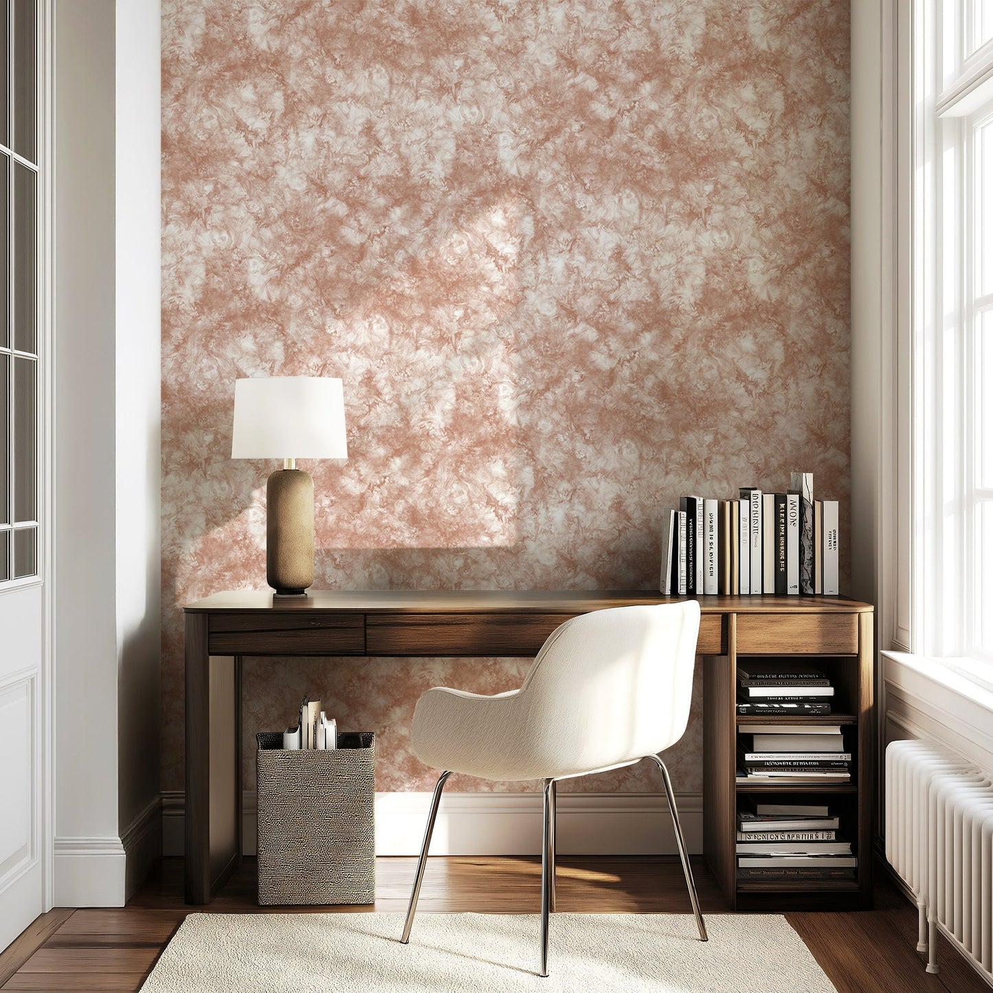 Subtle Marble Wallpaper in Modern Mineral Tones in an elegant office setting with a desk and chair.