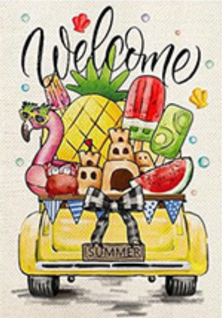 Welcome Garden Flags Truck Series of 12 featuring a colorful summer-themed design with fruits and a flamingo.