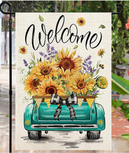 Welcome Garden Flags Truck Series of 12 featuring a vintage truck with sunflowers and a decorative welcome sign.