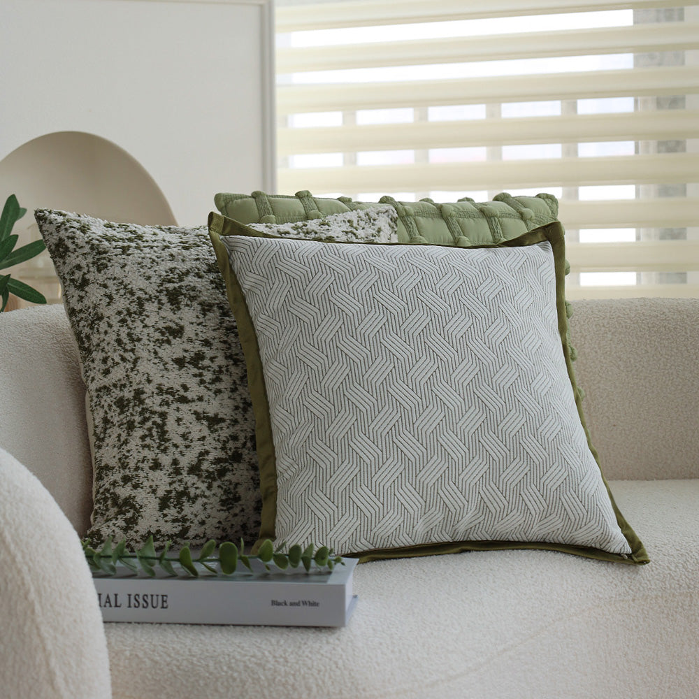 18"x18" square throw pillow set | herringbone trio | neutral white & olive green accents | 3-piece collection + insert options