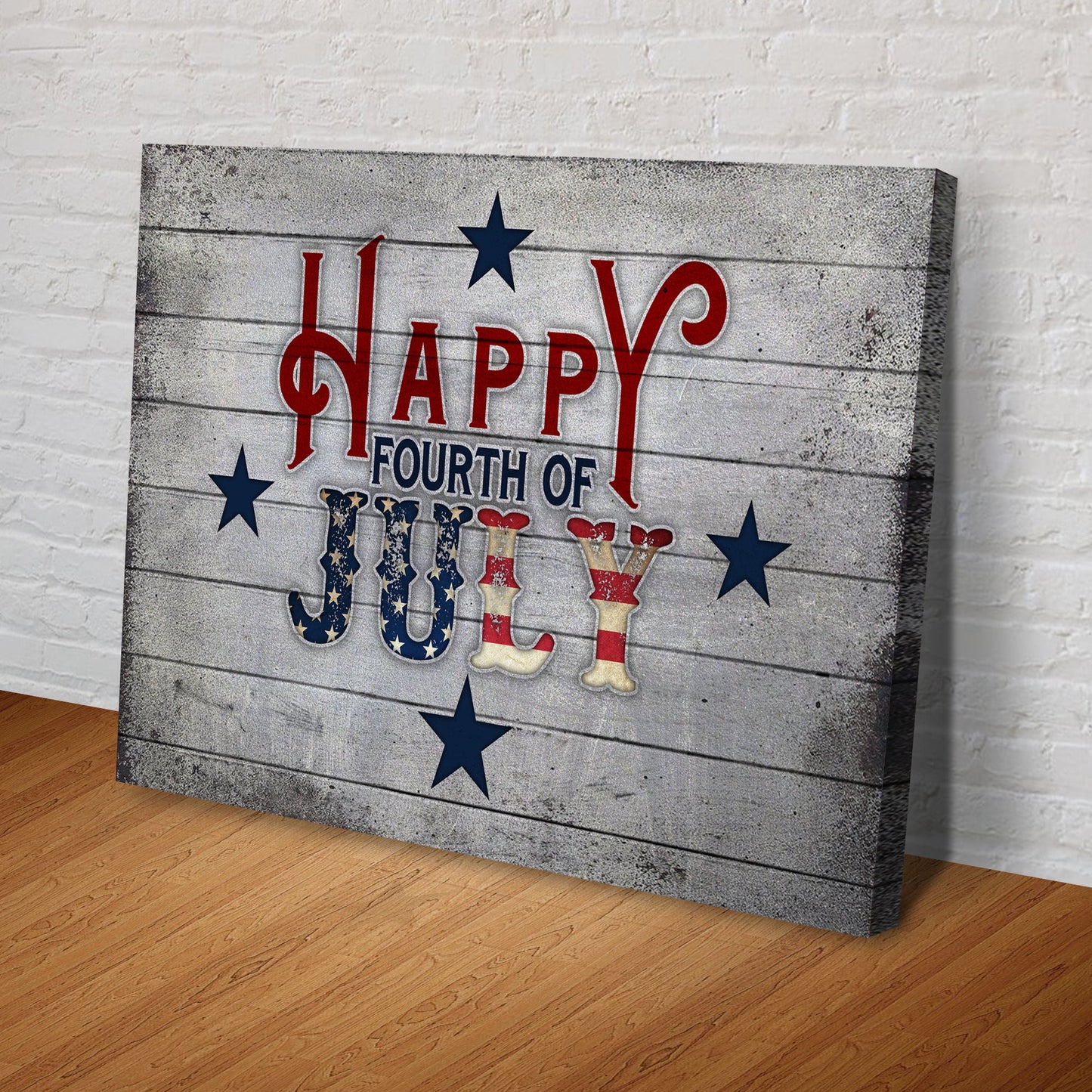 Canvas print with 'Happy Fourth of July' text on a wooden background