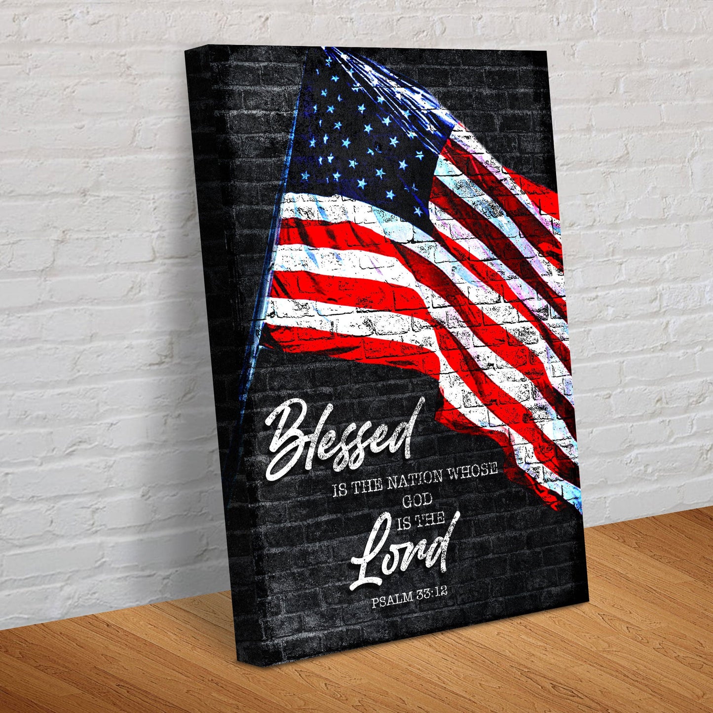 Canvas print with American flag and text on a brick wall background