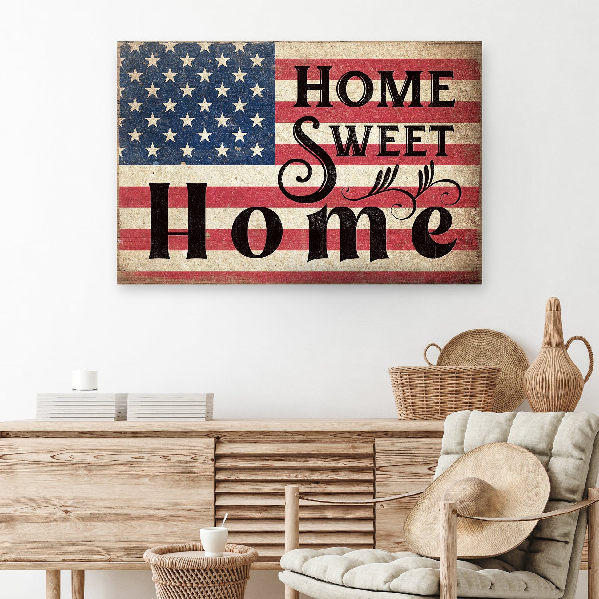 Decorative wall art with 'Home Sweet Home' text and American flag design in a living room setting.