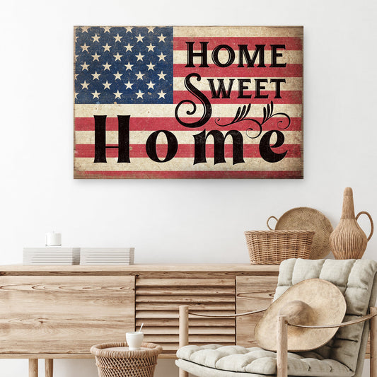 Decorative wall art with 'Home Sweet Home' text and American flag design in a living room setting.