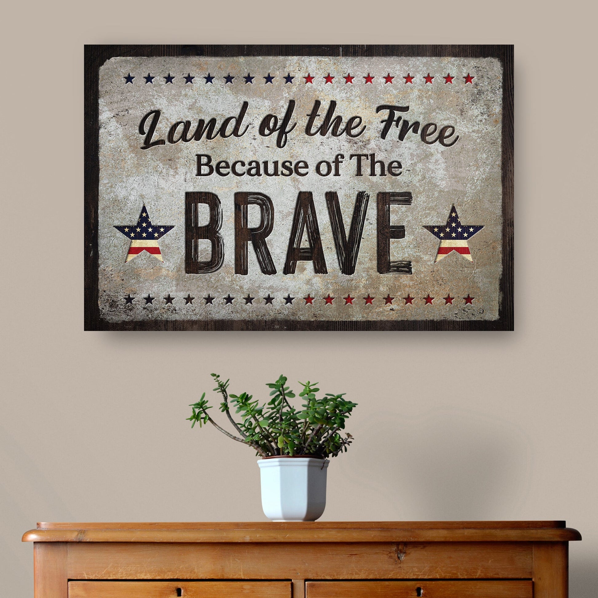Framed patriotic sign with 'Land of the Free Because of The Brave' on a beige wall above a wooden cabinet with a plant.