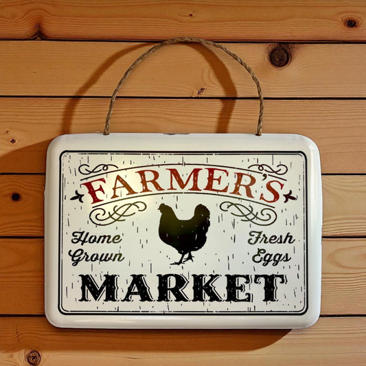 Vintage Farmer's Market Sign with Chicken, Rustic Metal Home Decor