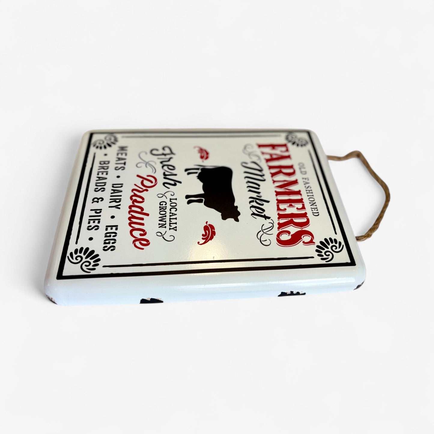 Old Fashioned Farmers Market Sign with Cow, Vintage Metal Wall Art