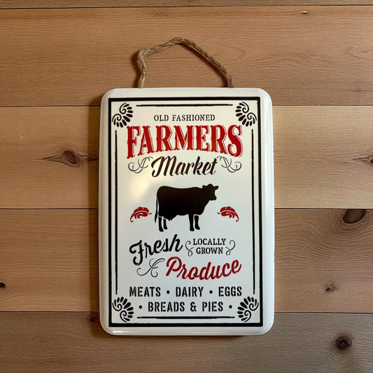 Old Fashioned Farmers Market Sign with Cow, Vintage Metal Wall Art