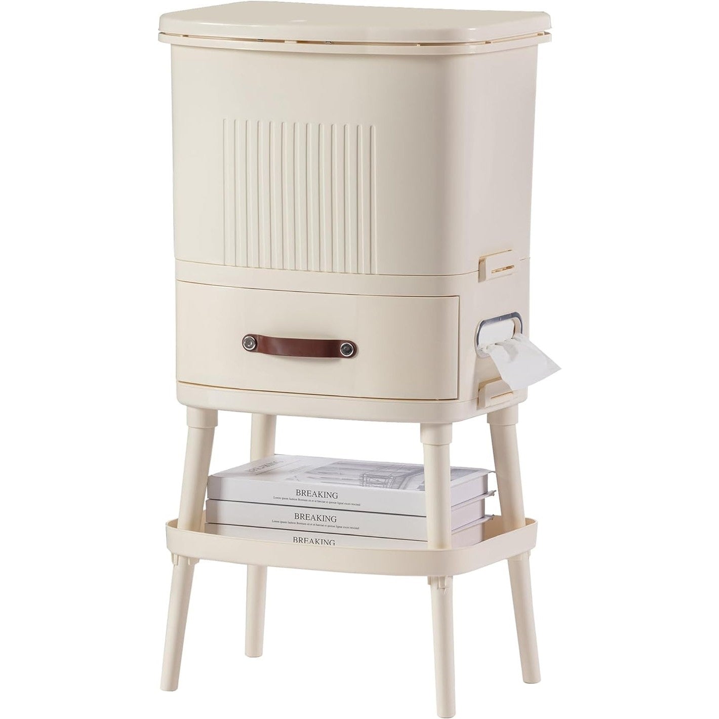 8 Gallon Elevated Trash Kitchen Can with Lid and Storage Shelf in Cream