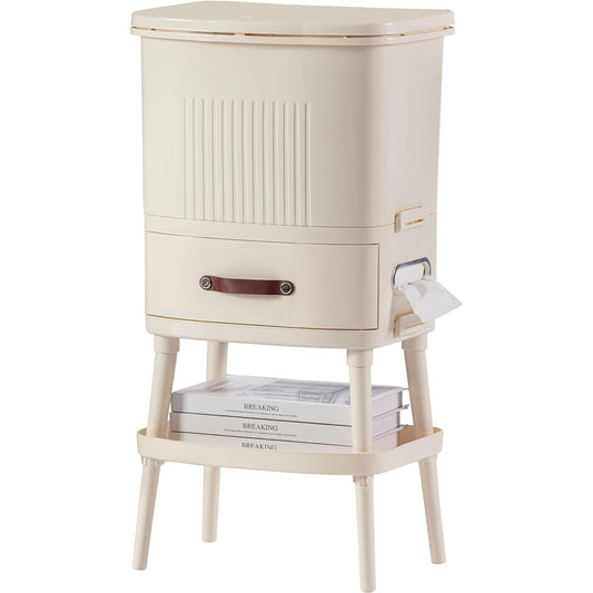 8 Gallon Elevated Trash Kitchen Can with Lid and Storage Shelf in Cream