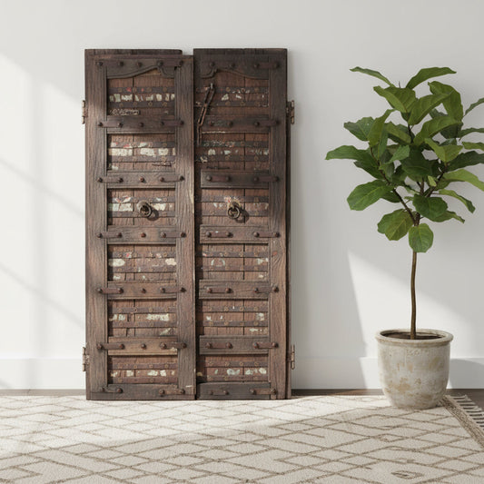 1800s Antique Teak Wood Distressed Rustic Door With Metal Straps