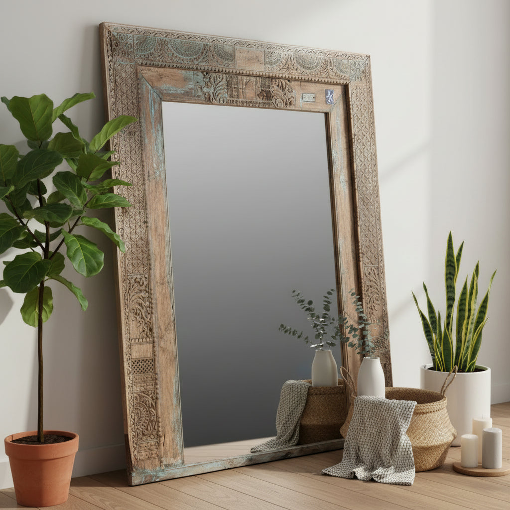 1800s Carved Teak Wood Doorframe Repurposed 82" Tall Extra Large Floor Mirror