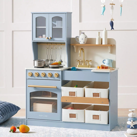 Tiny Land® Pretend Play Kitchen for Kids - Serenity Wooden Kitchen – Blue