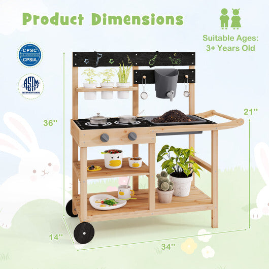 Outdoor Fir Wood Play Kitchen with Blackboard and Planting Pots-Natural