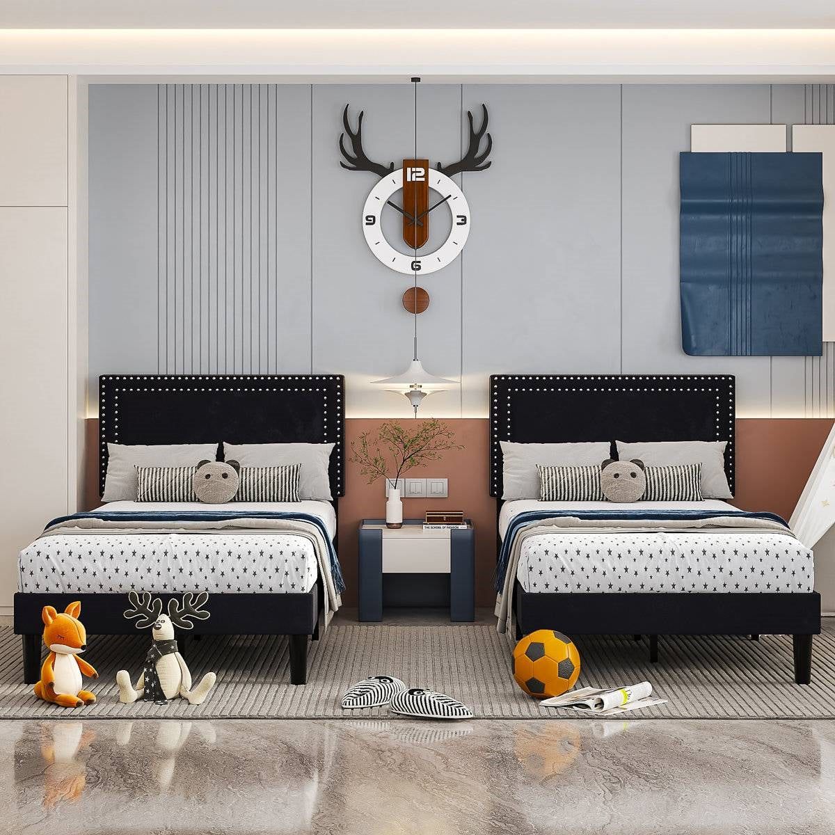 Children's bedroom with two beds, toys, and a clock on the wall.