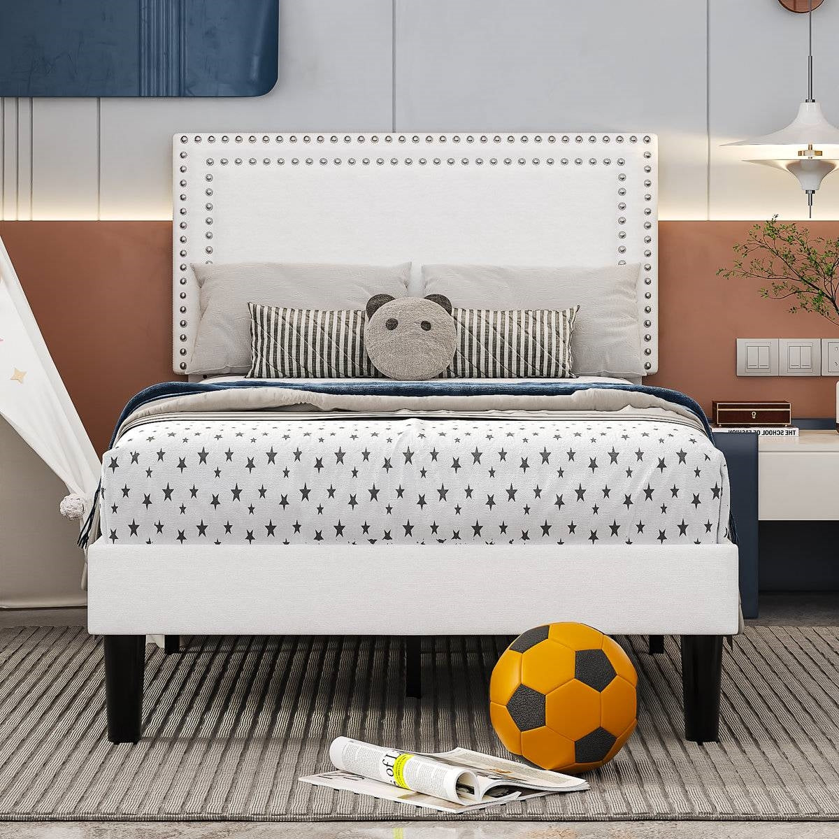 Set of 2 - Twin size White Tufted Upholstered Platform Bed Frame with Headboard