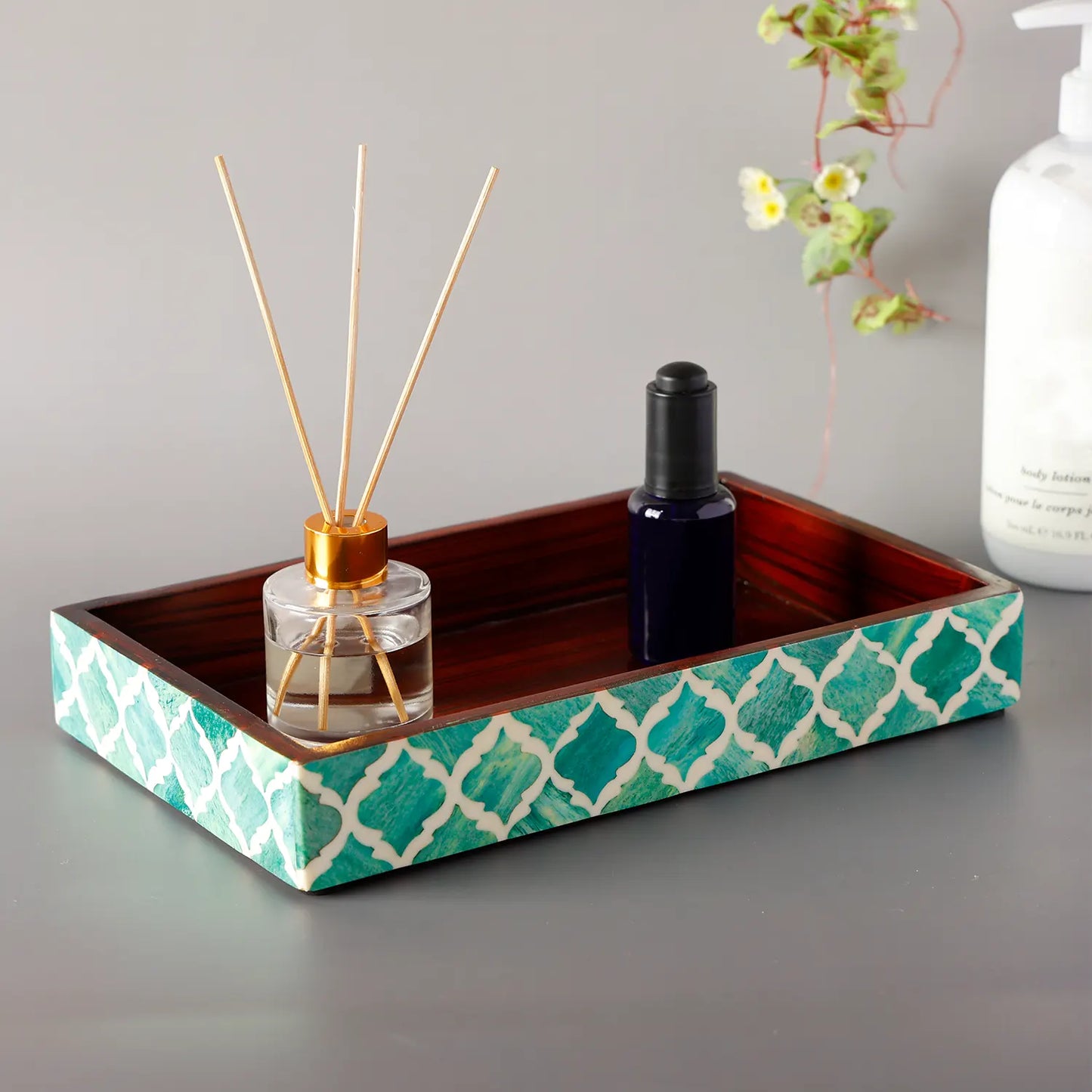 Vanity Trays Moroccan Pattern Bone & Resin Inlay Collection in 10x6, Green & White