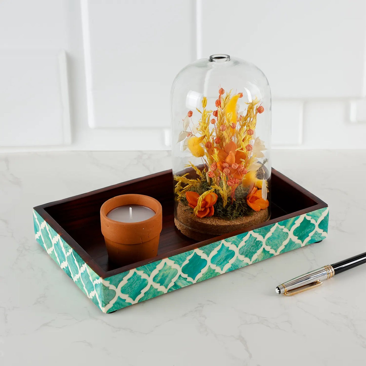 Vanity Trays Moroccan Pattern Bone & Resin Inlay Collection in 10x6, Green & White