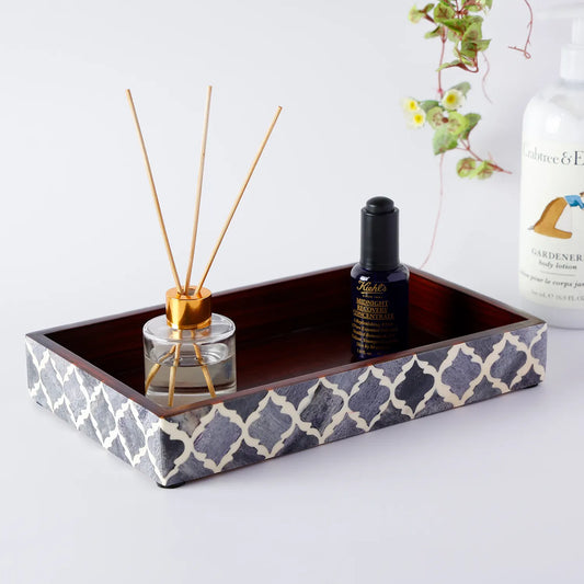 Vanity Trays Moroccan Pattern Bone & Resin Inlay Collection in 10x6, Grey & White