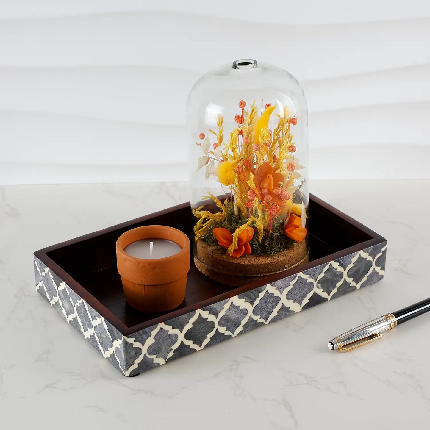 Vanity Trays Moroccan Pattern Bone & Resin Inlay Collection in 10x6, Grey & White