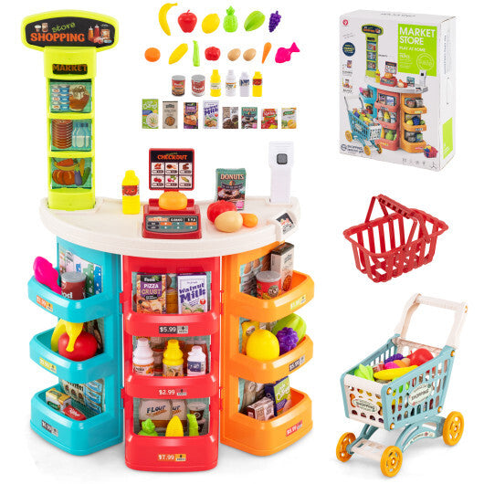 Supermarket Playset for Kids 76 PCS Pretend Play Grocery Store Set with Shopping Cart-Pink
