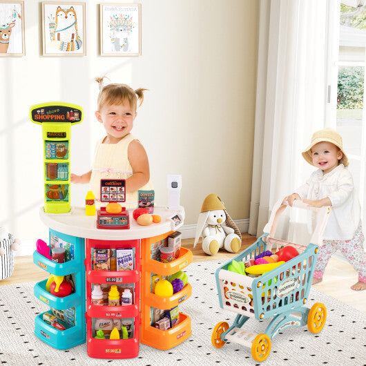 Supermarket Playset for Kids 76 PCS Pretend Play Grocery Store Set with Shopping Cart-Pink