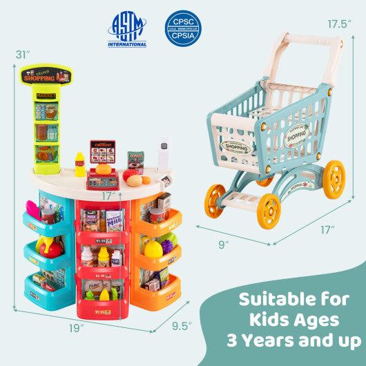Supermarket Playset for Kids 76 PCS Pretend Play Grocery Store Set with Shopping Cart-Pink