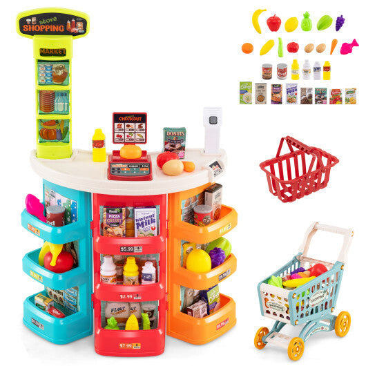 Supermarket Playset for Kids 76 PCS Pretend Play Grocery Store Set with Shopping Cart-Pink