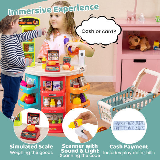 Supermarket Playset for Kids 76 PCS Pretend Play Grocery Store Set with Shopping Cart-Pink