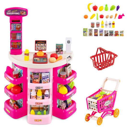 Supermarket Playset for Kids 76 PCS Pretend Play Grocery Store Set with Shopping Cart-Pink
