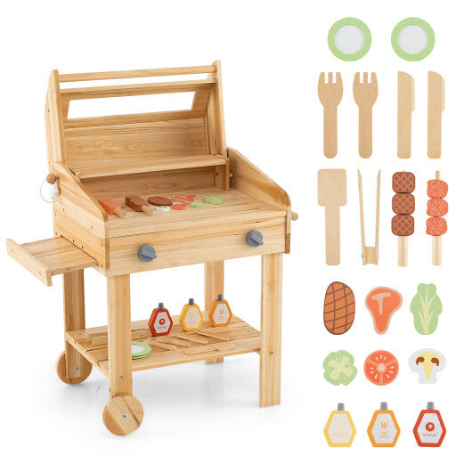 Kids Wooden Barbecue Grill Playset Pretend Kitchen with Food and Wheels-Natural