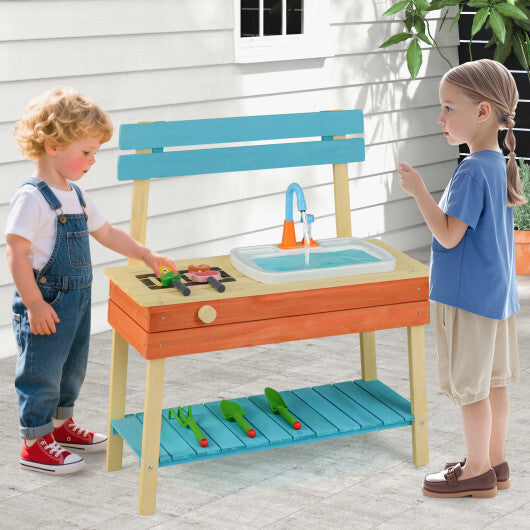 Kids Play Kitchen Set  Wooden Kitchen Playset Chef Pretend Mud Kitchen-Blue